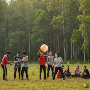 Kegiatan outbound Ecoventure anak muda di alam terbuka, peserta LDKS terlihat kompak melakukan permainan tim di lapangan hijau.