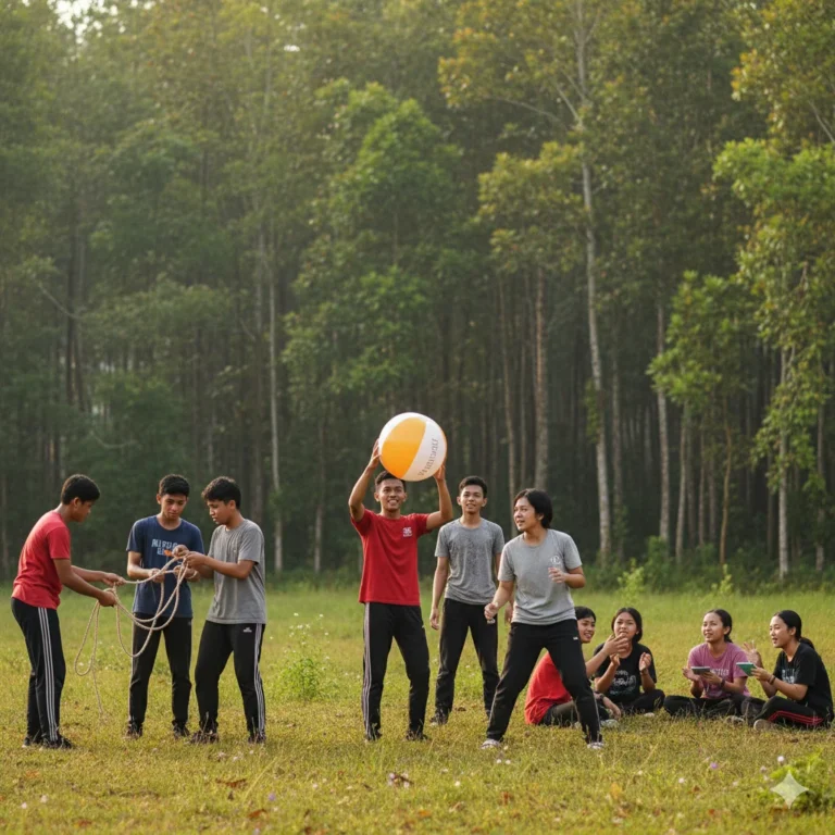 Kegiatan outbound Ecoventure anak muda di alam terbuka, peserta LDKS terlihat kompak melakukan permainan tim di lapangan hijau.